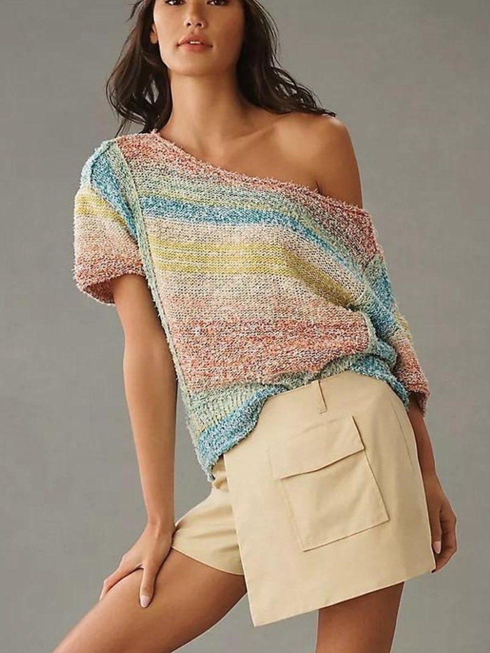 Anthropologie Pilcro Pastel Rainbow Striped Beach Sweater Tee Boxy Small Boho - Picture 3 of 10